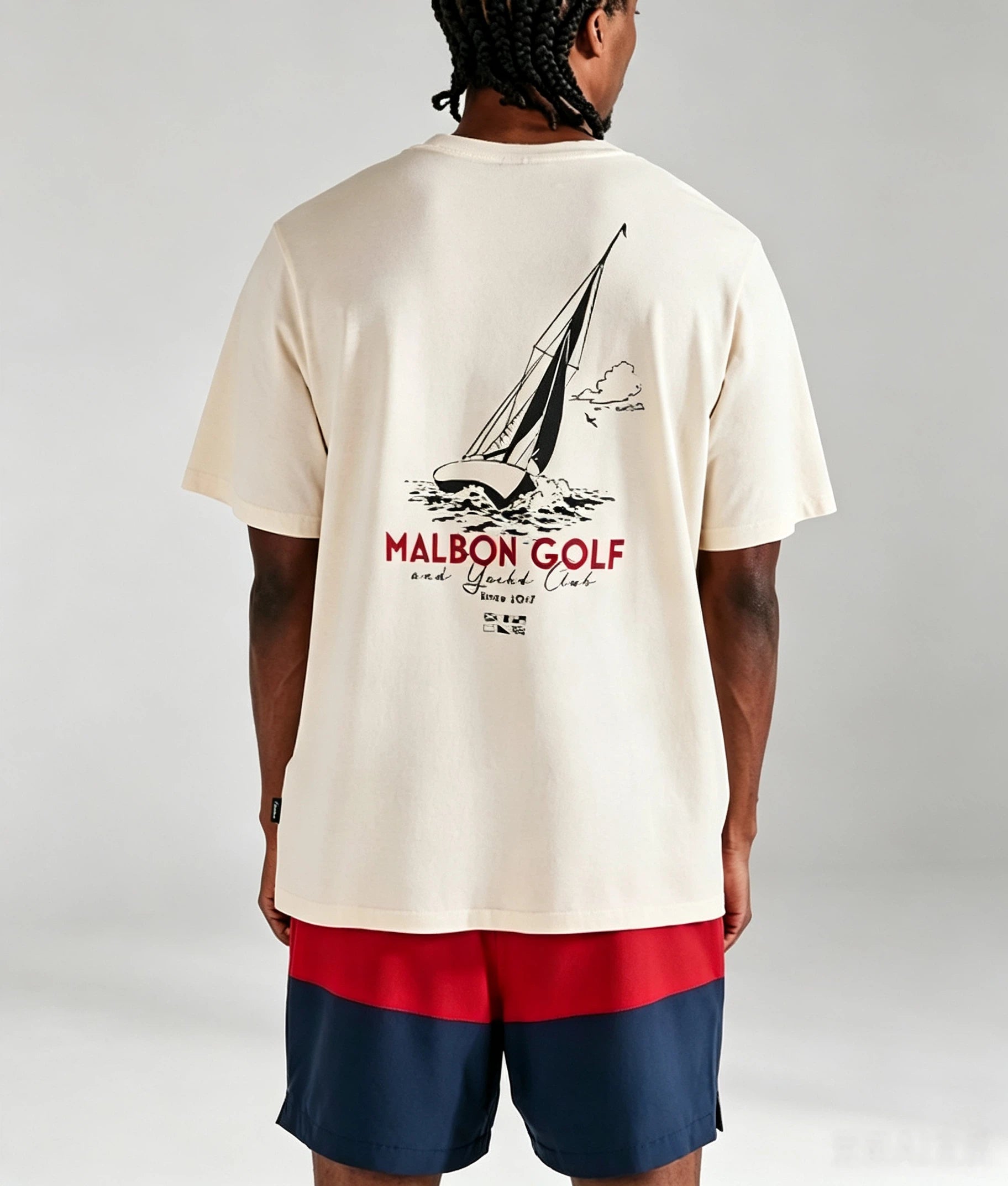 Malbon men's Vesta crewneck golf T-shirt in Cream, lifestyle front view