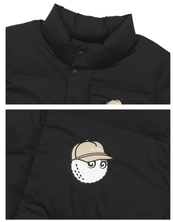 Malbon women's lightweight thermal down golf jacket in Black, collar and logo detail