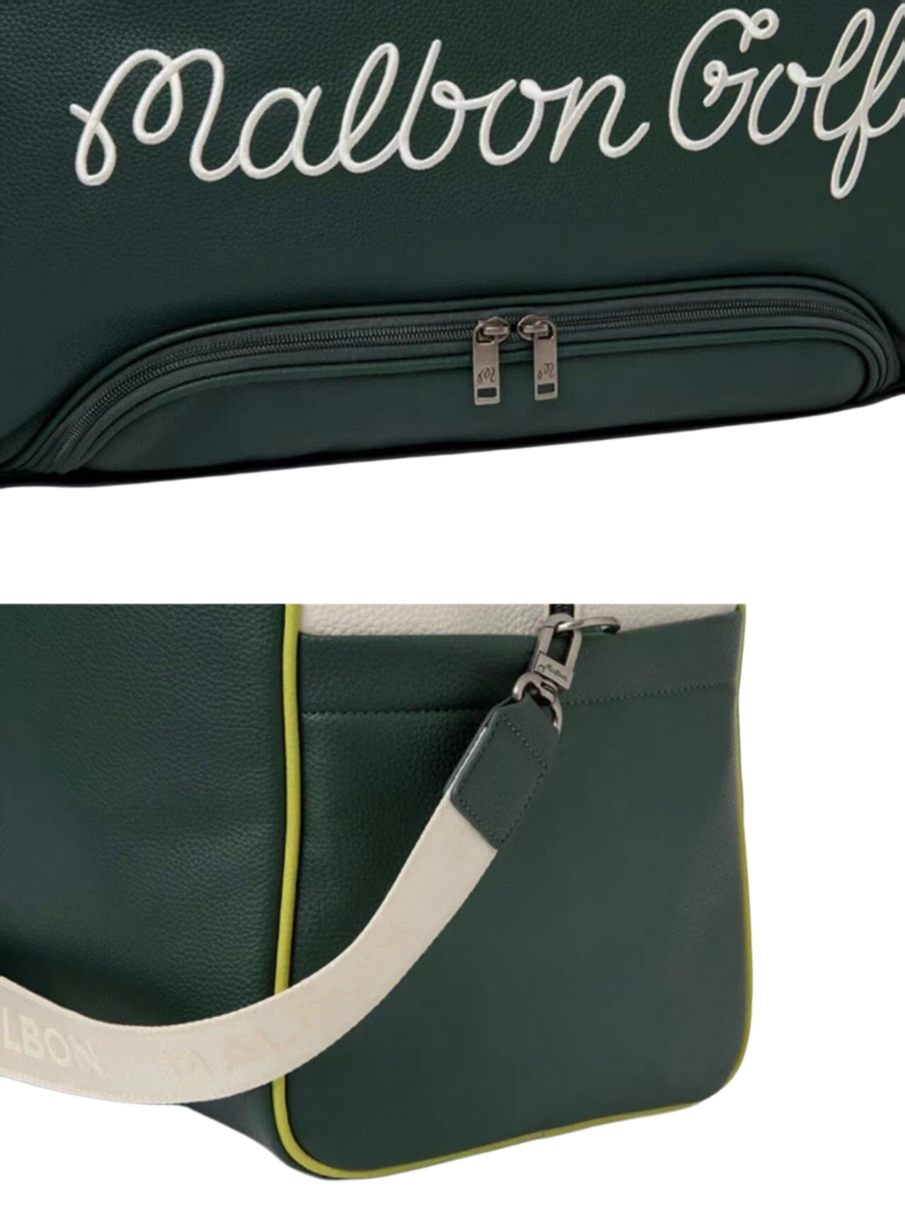 Detail shots of green Malbon Golf duffle bag showing embroidered Malbon Golf script, double zip pulls and side end-panel