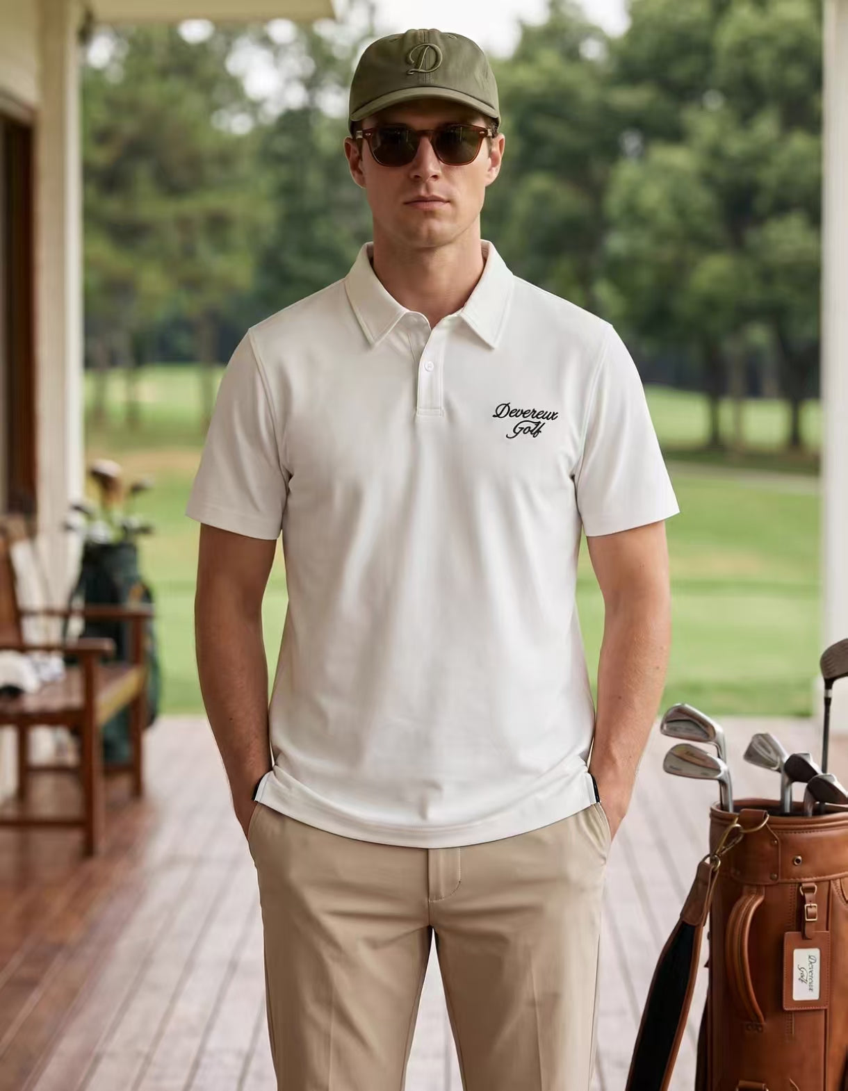 Devereux Golf Men’s Vintage Breathable Back Graphic Polo Shirt in White - product view