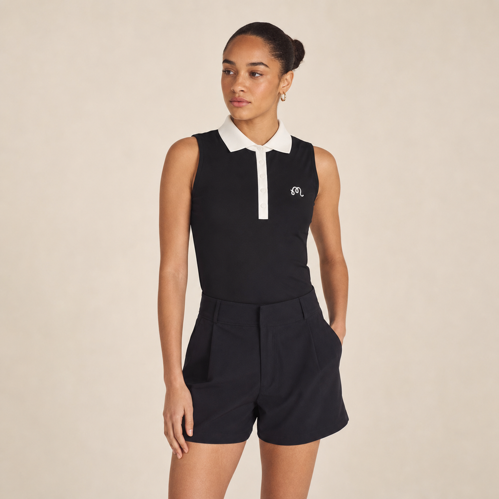 Malbon Claudia Sleeveless Polo Black front view women's golf polo