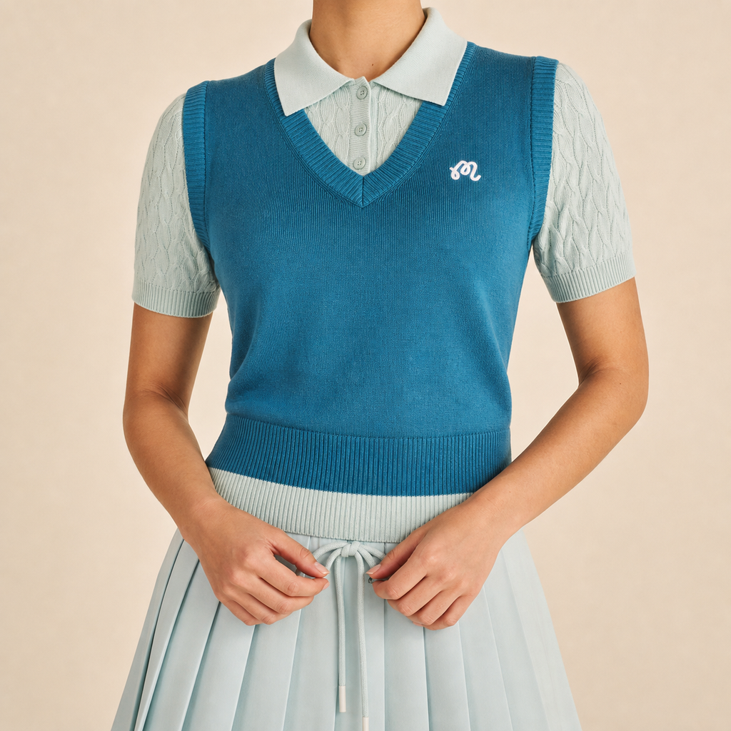 Malbon Veronica Polo Aegean Blue collar and branding detail